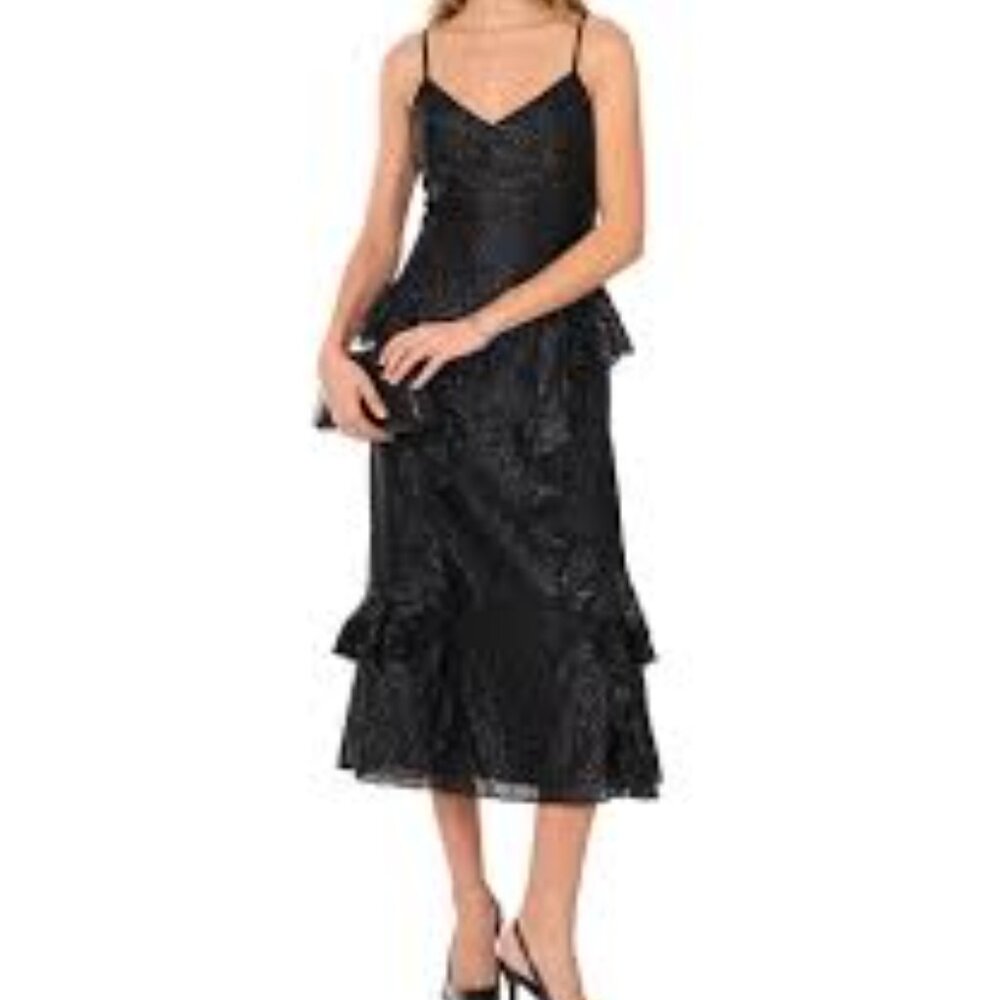 1.STATE Black‎ Metallic Tiered Ruffle Midi Dress SZ 6 NWT